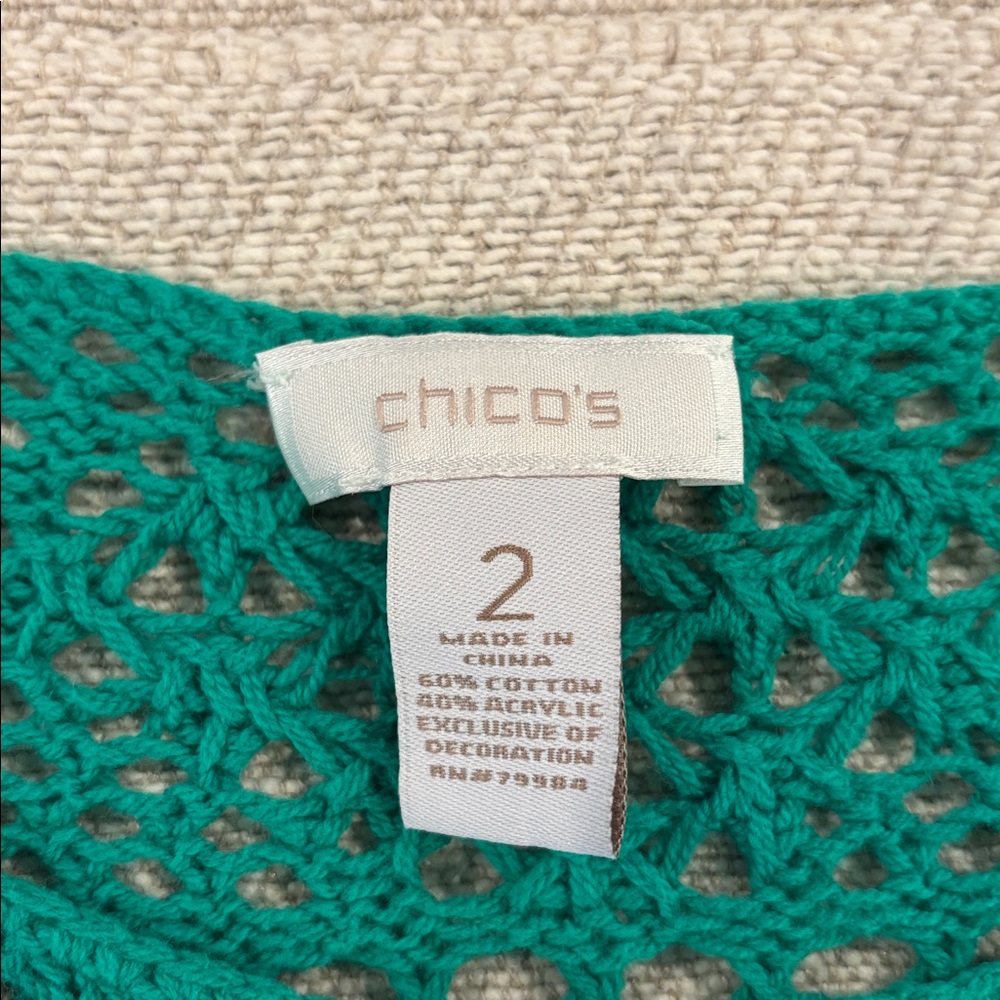 Chico's Crochet Open Knit Pullover Beach Cover Up Green Size 2 - Picture 3 of 5